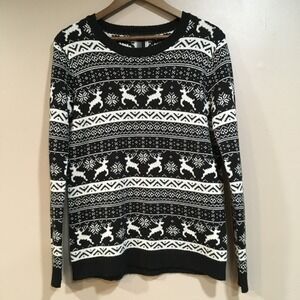 Fair Isle Reindeer Sweater Womens M Black‎ White Scandi Nordic Cozy Cabincore